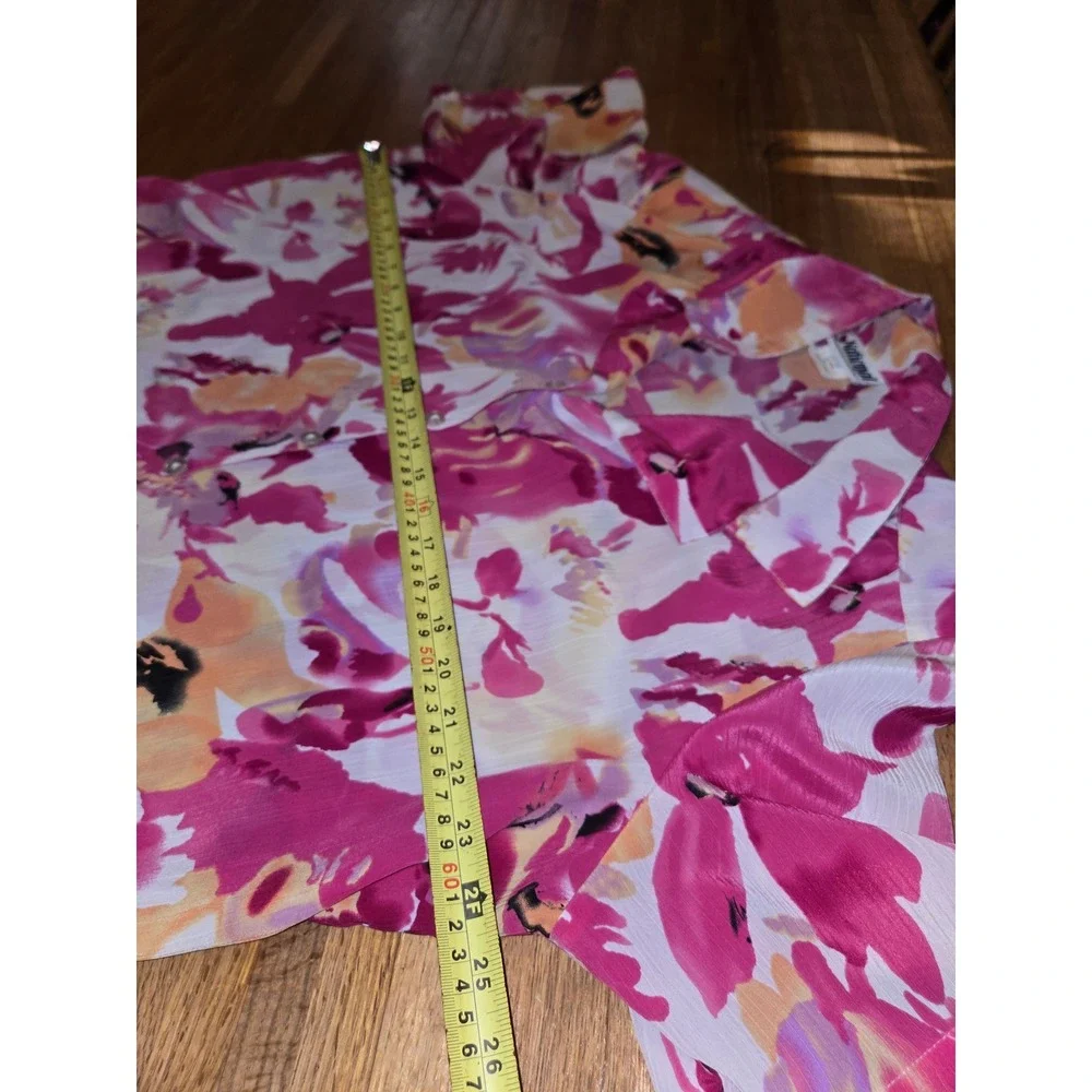 National Women XL Pink Orange Floral Spring Summer Button Down Short Sleeve Top - Picture 9 of 11